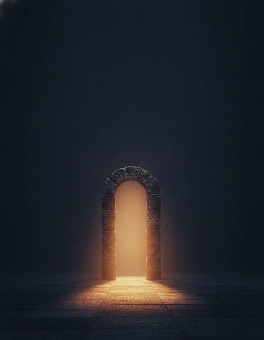 A lit archway standing in a dark room